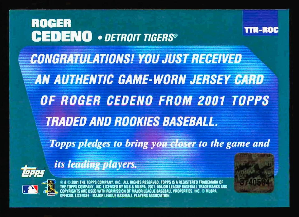 2001 Topps Traded & Rookies #TTR-ROC Roger Cedeno Relíquias Detroit Tigers - Imagem 2 de 2