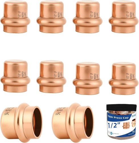 10-Pack 1/2" Copper Press Cap - Lead-Free & NSF Certified for Potable Water