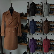 Men's Long Overcoat With Belt Cashmere Double Breasted Winter Warm Men Long Coat