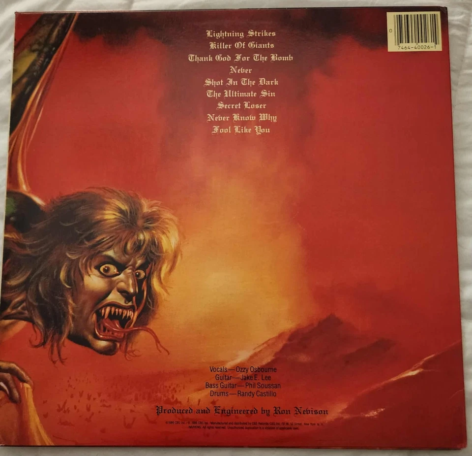 Ozzy Osbourne the Ultimate Sin-Orig 1986 долгоиграющая пластинка с внутренностями, CBS OZ 40026 Carrolton - Изображение 2 из 4