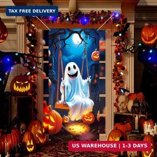 CCINEE Halloween Door Cover, Large Fabric Ghost Pumpkins Moon Night Front Door B