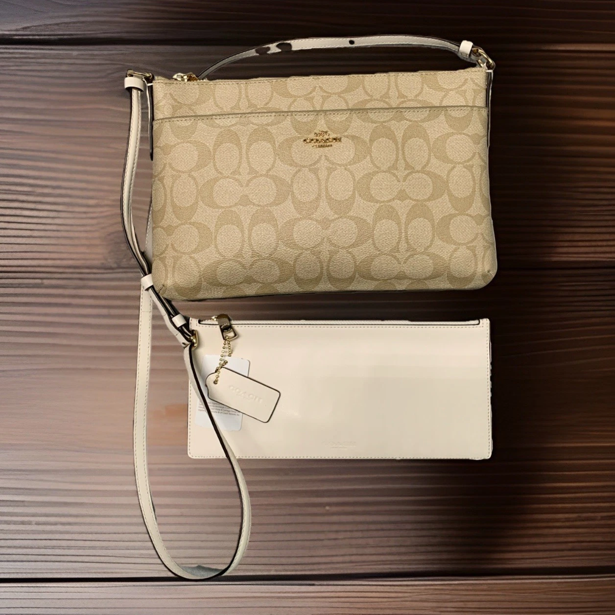Tracolla Coach F58316 in tela rivestita est ovest con tasca popout in pelle cachi NUOVA