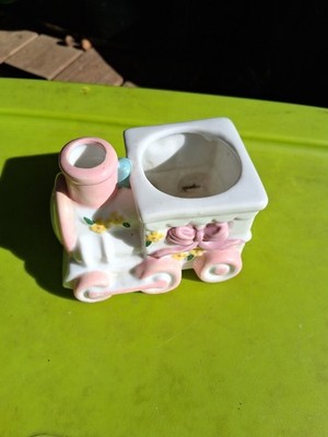 Hand Painted Porcelain Locomotive Planter Newborn Baby Nursery Train