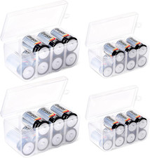 Set of 4 Clear C  D Battery Storage Boxes, Durable Battery Organizer Case        