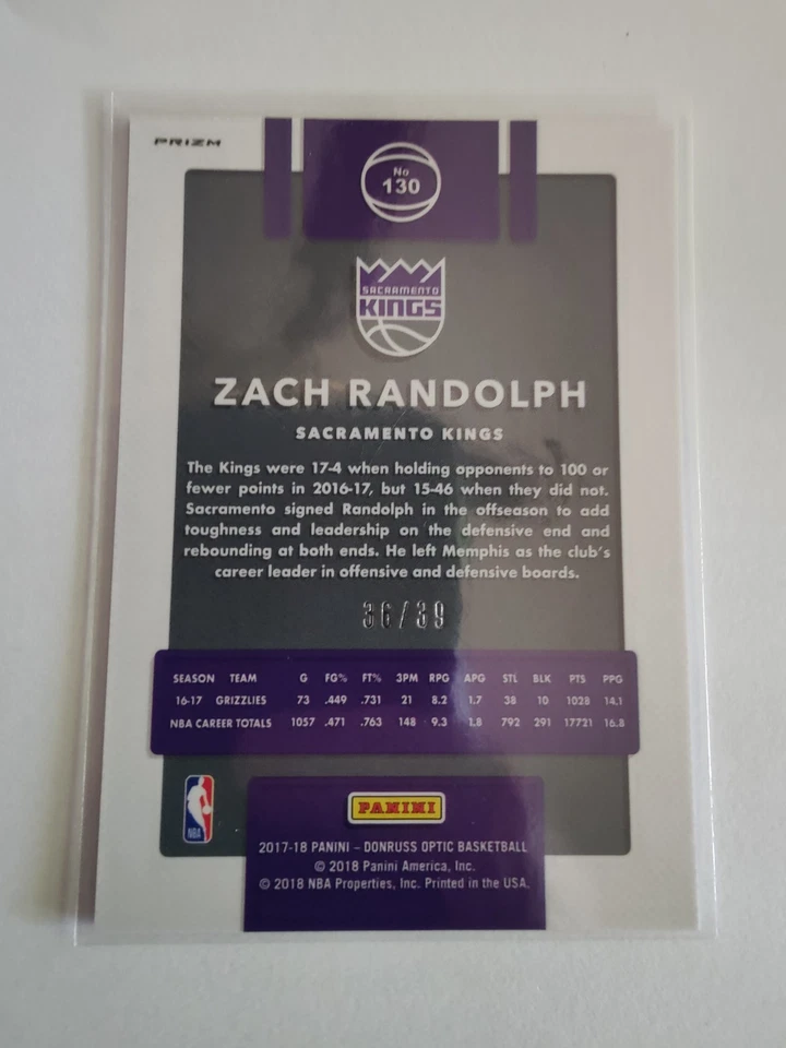 2017-18 DONRUSS OPTIC ZACH RANDOLPH #130 BLACK VELOCITY 36/39 SACRAMENTO KINGS - Image 2 of 3