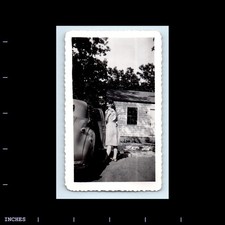 Old Vintage Photo WOMAN STANDING BY CLASSIC CAR TINY HOUSE