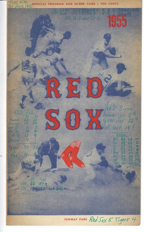 JUNE 21, 1955 PROGRAM-RED SOX VS TIGERS-TED WILLIAMS 3-RUN HR IN 8TH WINS IT