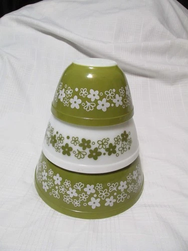 Set/3 PYREX Spring Blossom Crazy Daisy Green Nesting Mixing Bowls #s 401-402-403