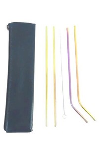 Lot of 4 Multicolored Stainless Steel Straws with Case & Cleaning Brush