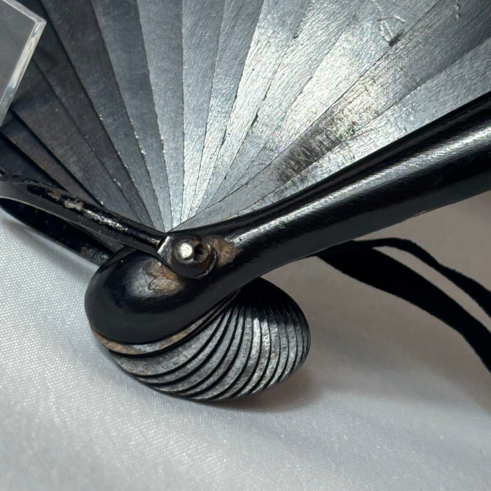 Victorian Mourning Fan Folding Black Satin Painted Flowers & Foliage Black Wood