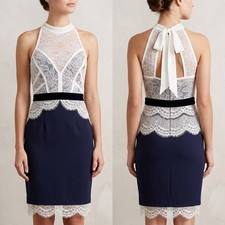 Lipsy navy/off white lace style high neck occasion evening knee length dress 10