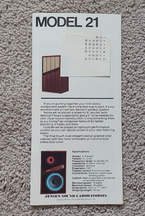 Orig 1970s JENSEN OPC SPEAKER SYSTEM Accordion 12 Page/Panel