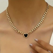 Fashion 18K Gold Plated Heart-Shaped Pendant Necklace Chunky Cuban Chain Punk