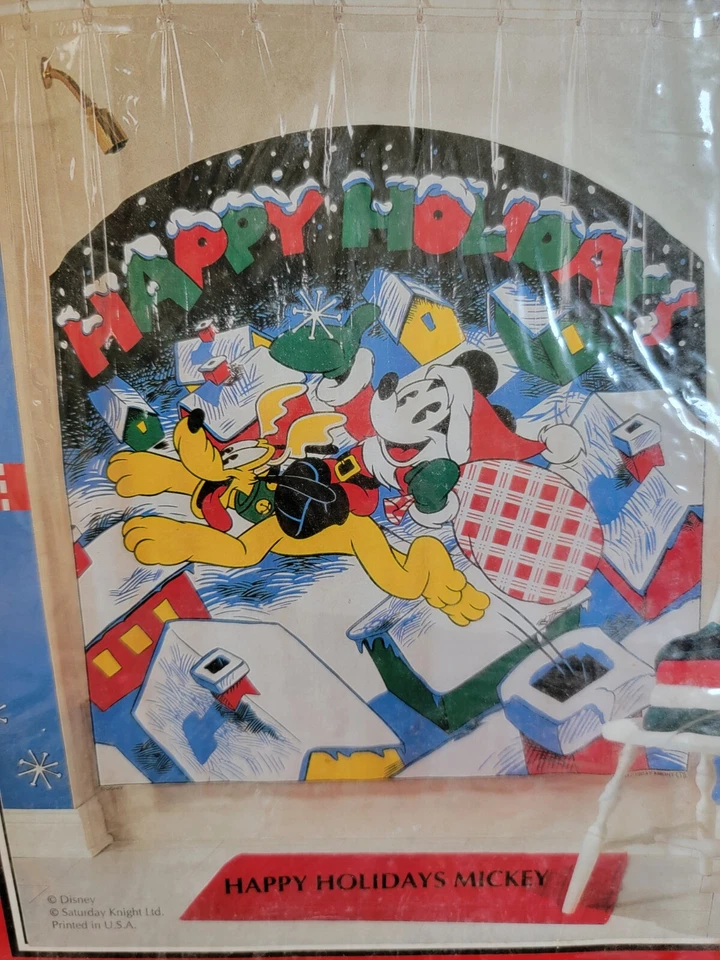 Cortina de ducha vintage Disney Mickey Mouse Plutón Felices Fiestas Navidad  Foto 2 de 4