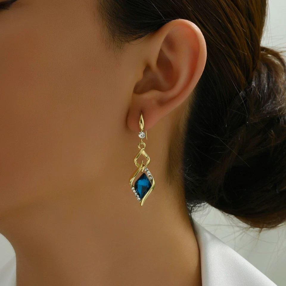 Pendientes de aro dorados para mujer azul circonita cúbica cristal gota elegante joyería de moda Foto 2 de 4