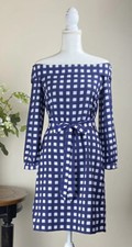 NWT $128 XS Banana Republic Dress Sheath Off Shoulder GINGHAM Blue White