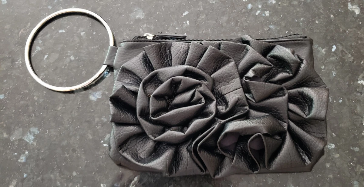 Giannini faux leather Black clutch bag purse Rose flowers SM