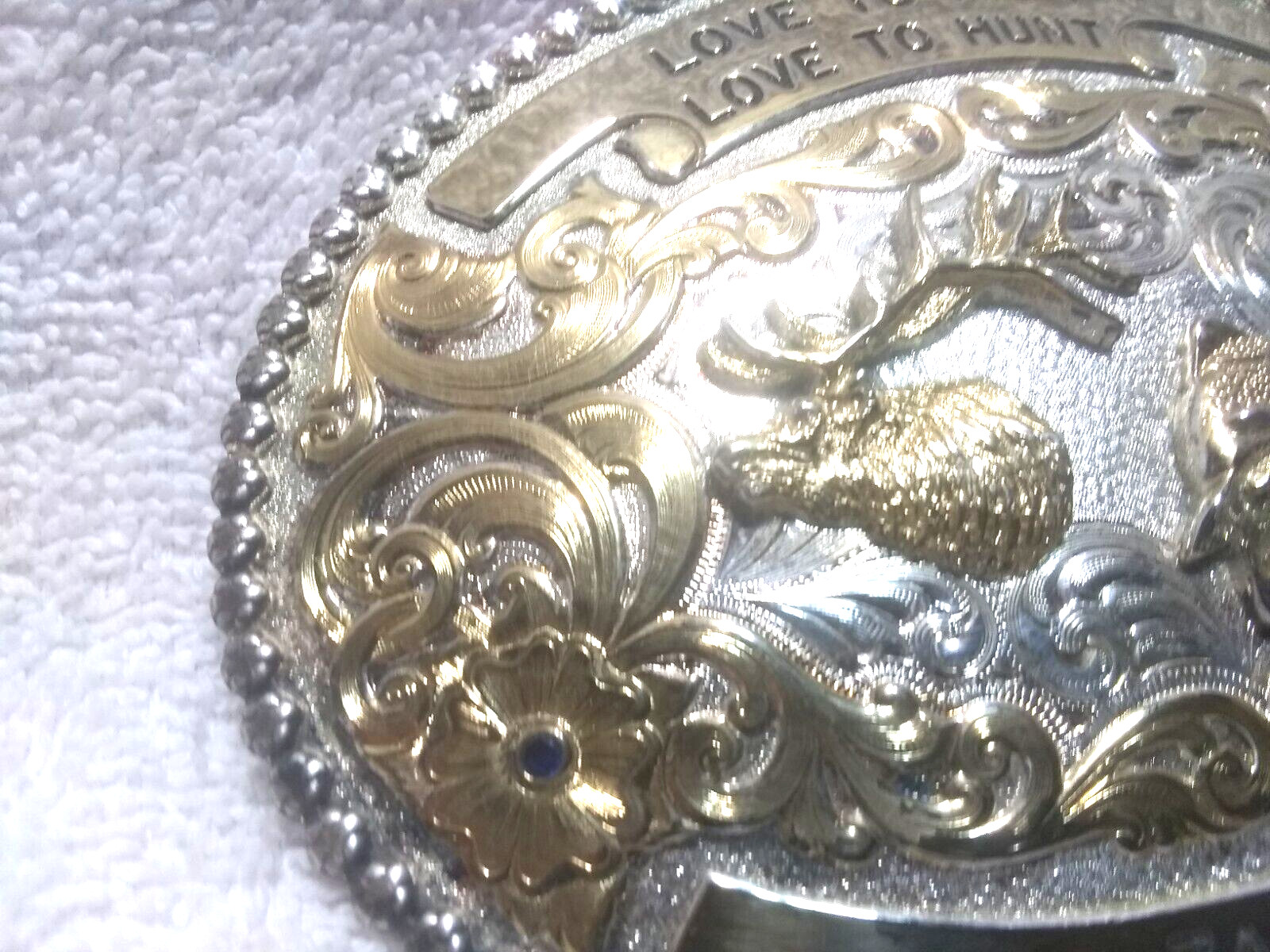 Montana Silversmiths Love to Fish, Hunt Bass Elk Gold Engraved Buckle W/Box EC