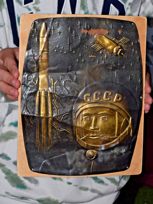 Soviet vintage plate sign Space, stars, Yuri Gagarin, Sputnik and rocket