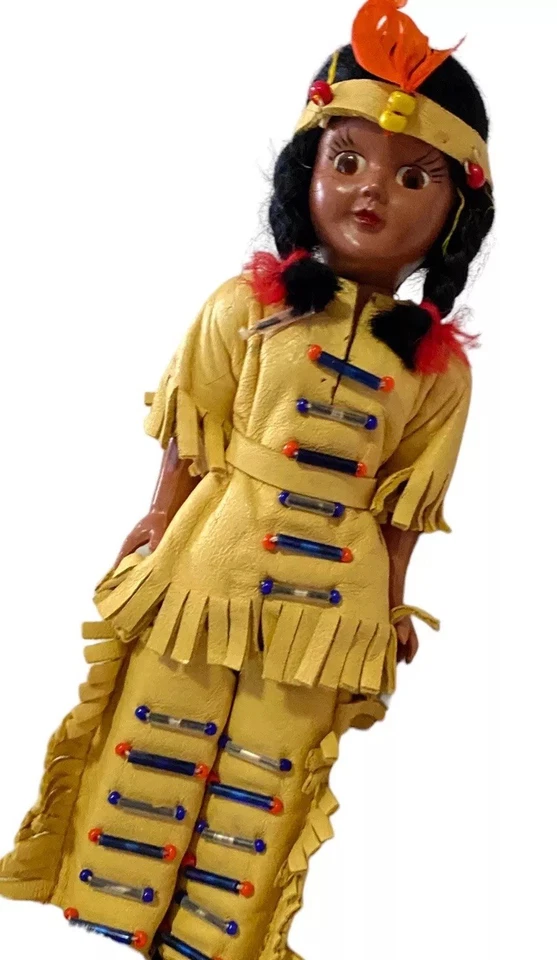 vtg Native American Indian Doll 1960s celluloid leather figure Cherokee Carlson - Изображение 4 из 4
