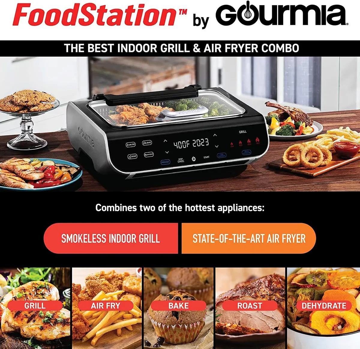 Gourmia FoodStation Indoor Smokeless Grill with Guided Cooking, Black