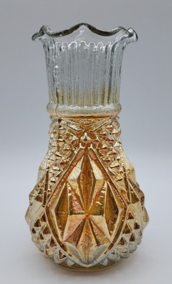 Jain / Advance Glass Works Carnival Glass Marigold Diamante Stars Vase 6 3/4''