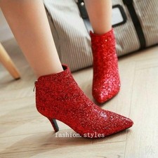 Women's Sequin Kitten Heel Pointy Toe Back Zip Formal Shiny Dress Ankle Boots