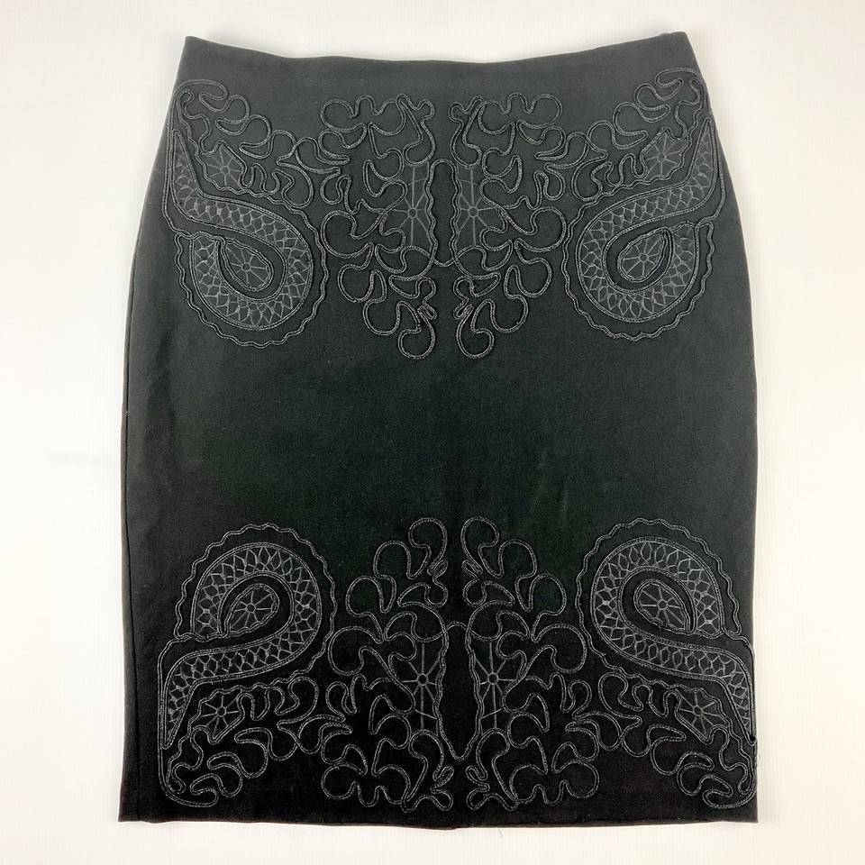 Liz Jordan Knee Pencil Skirt Office Size 10 Black Floral Embroidered As New
