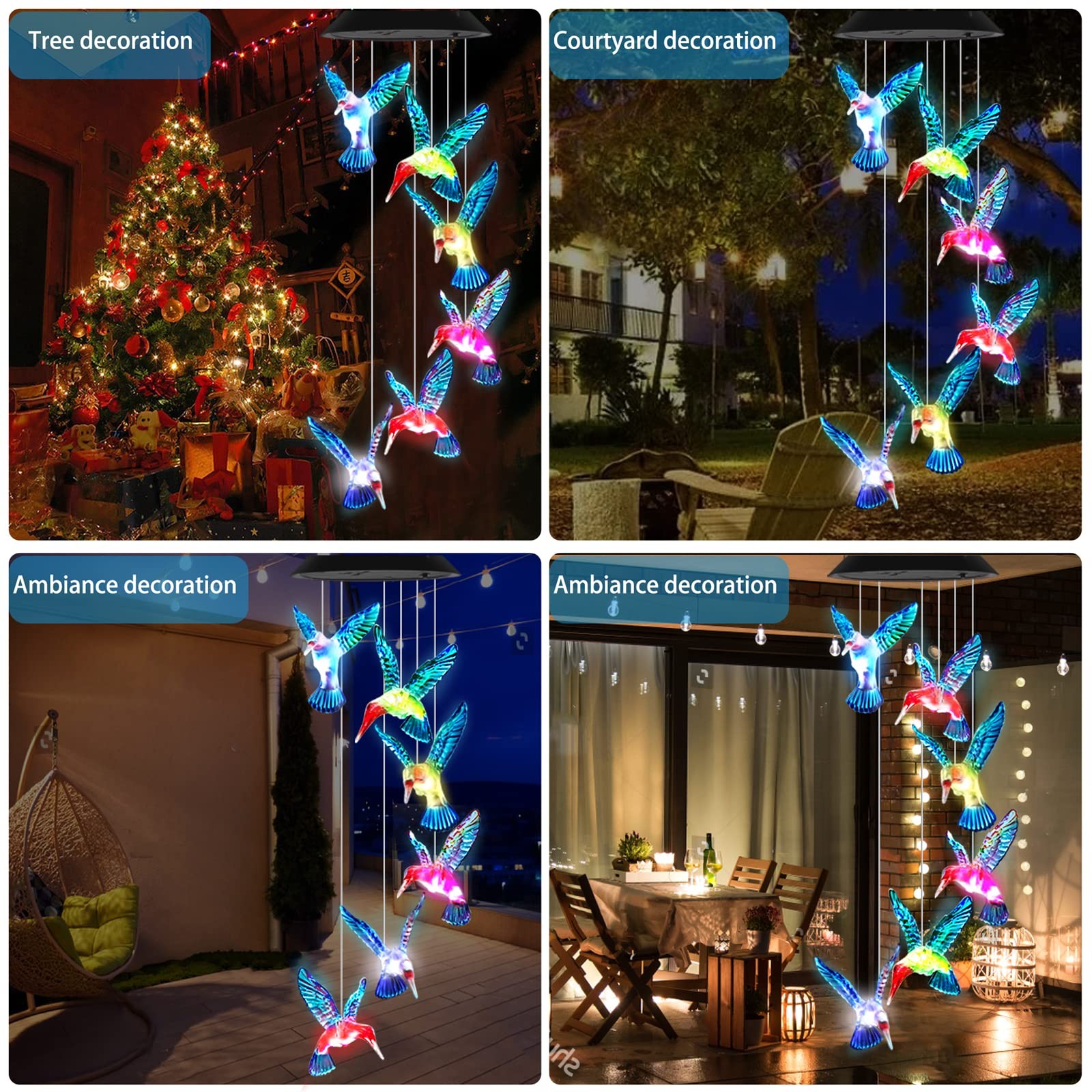 Hummingbird Wind Chime Lights Outdoor Garden Solar Wind Chimes Color Changing Hu