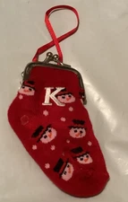 Christmas Stocking Ornament Change Purse Money Gift Snowman Baby Sock Initial K