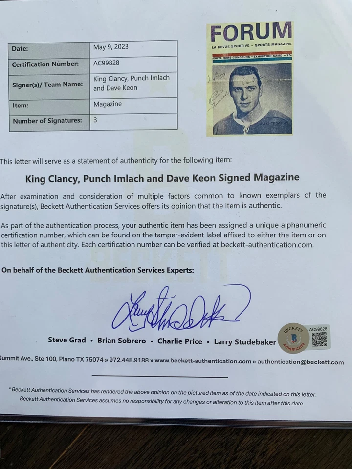 Punch Imlach, Dave Keon, King Clancy Autograph Beckett COA Toronto Maple Leafs - Image 2 of 4