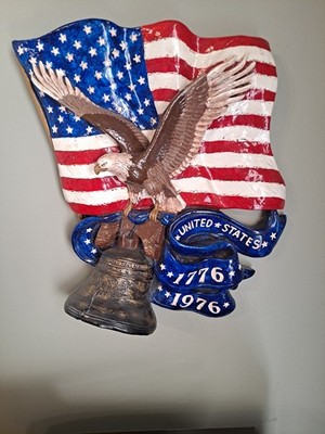 50-YEAR OLD CERAMIC FIRE GLAZED 1976 USA BI-CENTENNIAL EAGLE FLAG WALL HANGING