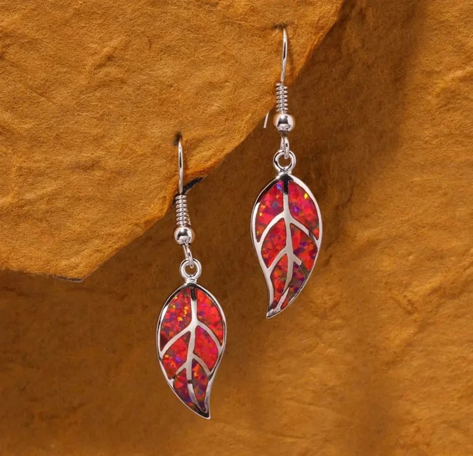 Seltene Rote Opal Blatt Ohrringe versilbert rote Feueropal Ohrringe in Siber rot - Bild 3 von 4