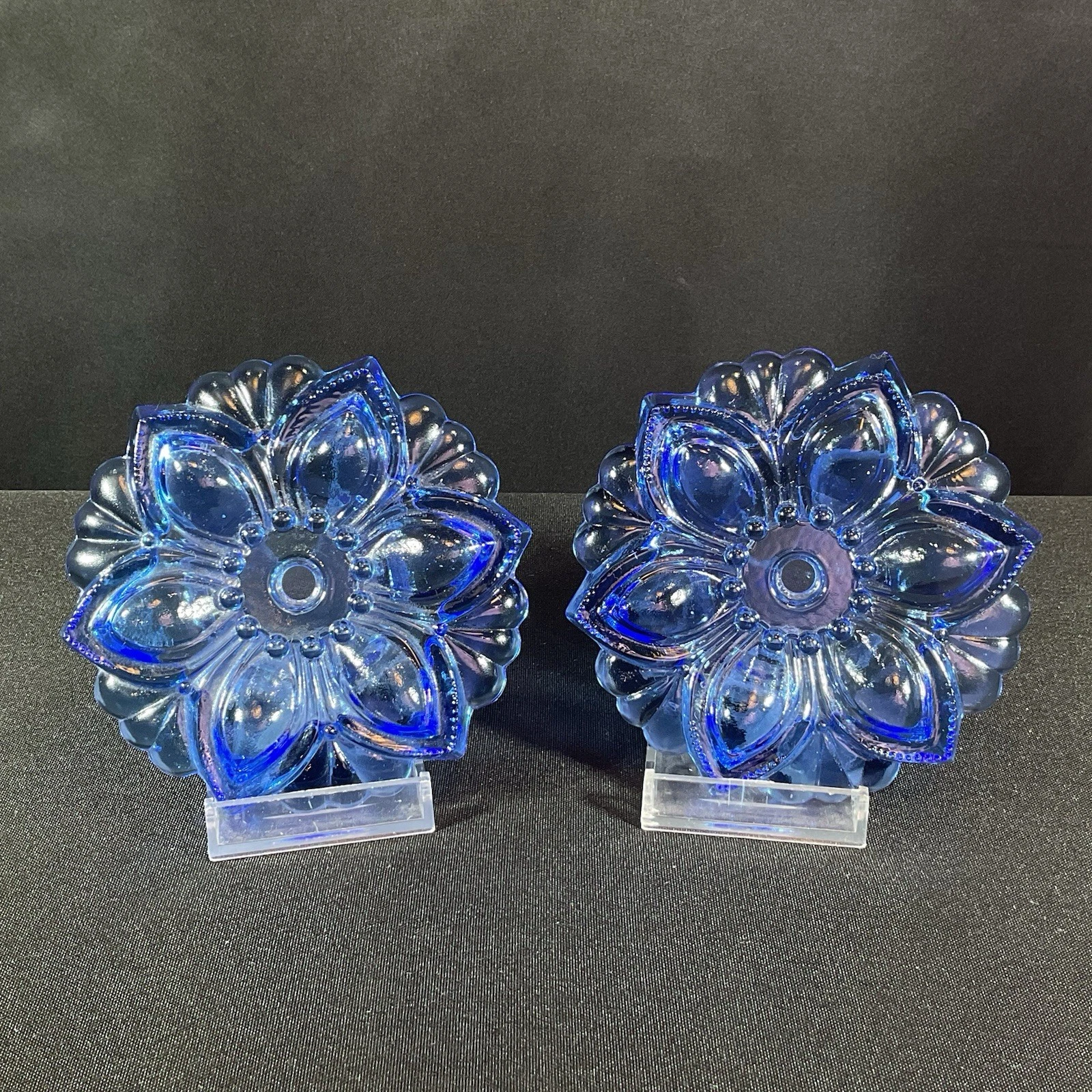 Antique Pressed Sandwich Glass Blue Curtain Tie Backs Flowers Set of (2) 4” Diam