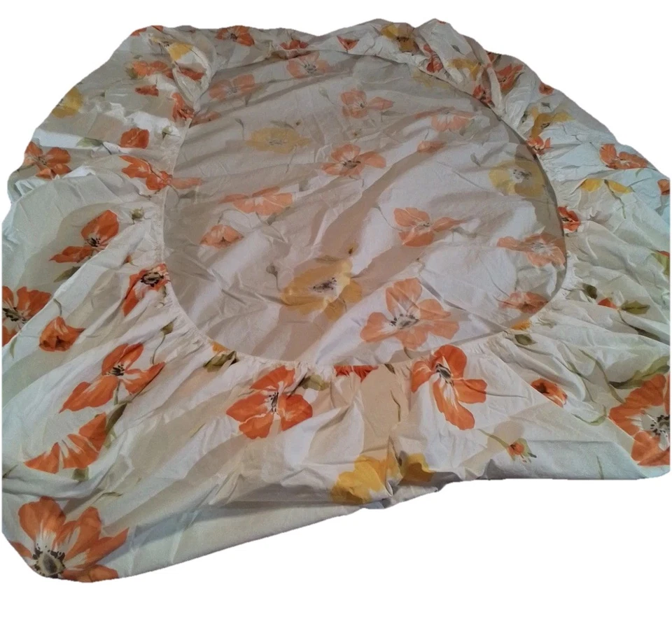 Sábana plana y ajustable Pottery Barn Queen crema amapolas estampado floral naranja amarillo Foto 4 de 4