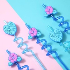 24 Pcs Reusable Plastic Straws Cartoon Ohana Party Favors Leaf Flower Shaped