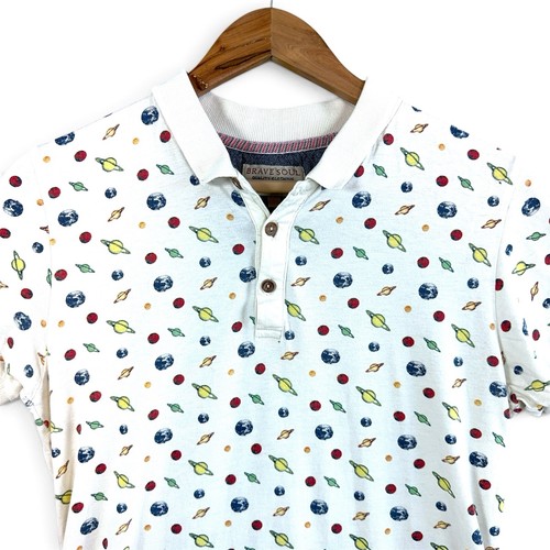 Brave Soul Planets Polo Mens Small Cotton Wood Tone Button Retro Science Fiction