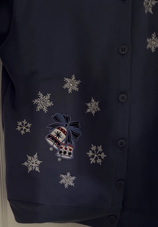 BonWorth праздник Рождественский свитер средний вышитая кнопка кардиган синий снег - Изображение 2 из 4