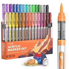 JusArt Acrylic Paint Markers Brush Tip 30 Colors, Water-Based No-Bleed Markers