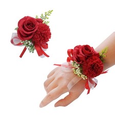 2PCS Rose Flower Wrist Corsage Boutonniere Set Handmade Artificial Corsage Set B
