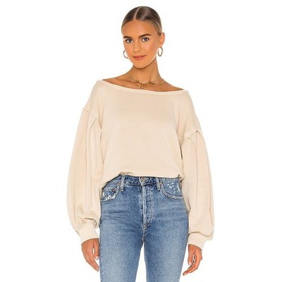 We the Free Rosey Pullover Sand Casual Basic Neutral Sweatshirt Raw Hem Medium