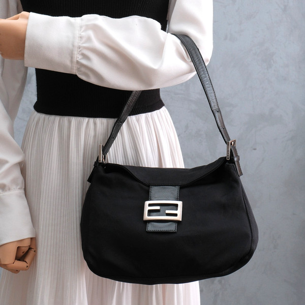 FENDI Mamma Baguette Shoulder Hand Bag Black Nylon