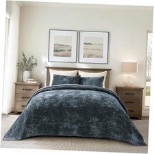 EVERGRACE Velvet Quilt Set King Size, Luxurious King 104" x 92" Stormy Blue