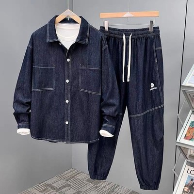 Men's Plus Size Denim 2 Piece Set Big & Tall Casual Shirt Jogger Jeans Suit