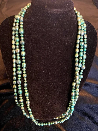 Vintage Teal Round Pearl Beaded Multi-Strand Layered Necklace, Spring Ring Clasp - product listing photo