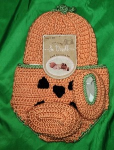 New So Dorable Baby Hand Crocheted Pumpkin Set Orange Jack o'Lantern 0-6 Months