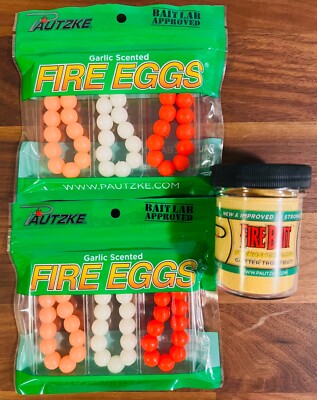Pautzke Bait Fire Peach/Garlic Glitter Trout Bait 1.5oz Jar & Packs 2 Fire Eggs