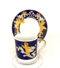 DEMITASSE CUP AND SAUCER Gold Cherubs Angels Navy Blue & White Vtg Coffee Tea