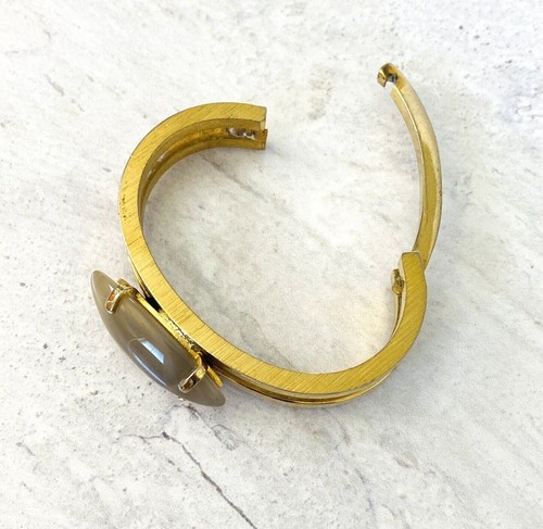 Vintage Modernist Banded Agate Gold Tone Cuff Bracelet Elongated Marquise Cab S - Picture 7 of 9
