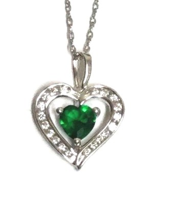 Sterling Silver 925 Elevated Green Tourmaline CZ Pave Halo Love Heart Necklace 